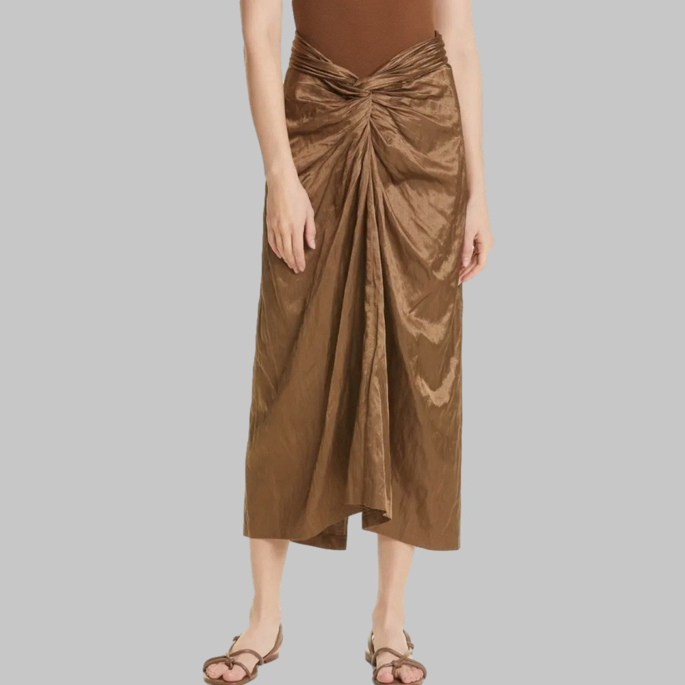 NWT. Vince Metallic Front Twist Cotton Blend Skirt in Cottonwood Brown Size 6